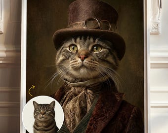 Puede incluir: Un retrato enmarcado de un gato atigrado con un sombrero de copa marrón con gafas, una corbata estampada y una chaqueta marrón oscuro. Un pequeño recuadro circular muestra al gato atigrado original sobre un fondo liso con una flecha amarilla.