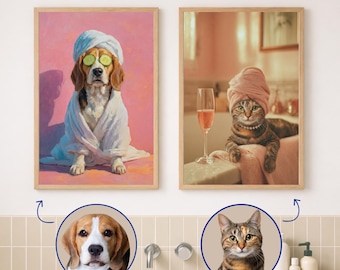 Custom Funny Bathroom Pet Portrait from Photo, Personalized Dog or Cat Art, Bathroom Decor