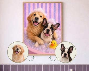 Custom Pet Bathroom Portrait – Funny Bubble Bath Dog & Cat Wall Art