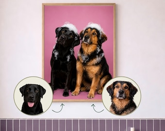 Custom Funny Pet Portrait from Photo, Spa Bathroom Decor, Dog & Cat Wall Art
