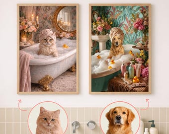 Custom Funny Dog Portrait from Photo, Spa Bathroom Decor, Dog & Cat Wall Art