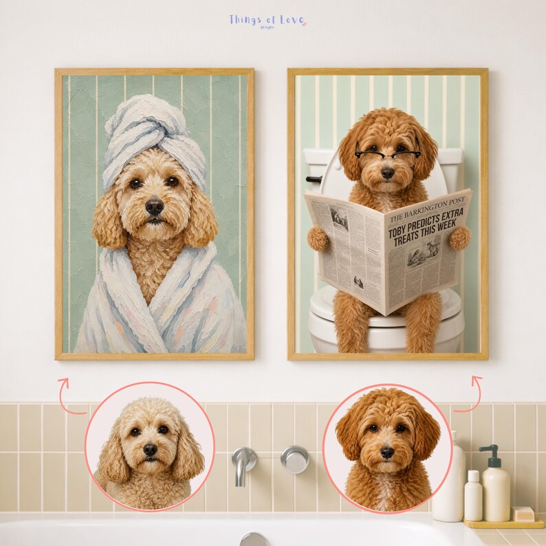 Retrato divertido de perro personalizado a partir de una foto, decoración para el baño de mascotas, arte de pared para perros y gatos. imagen 15