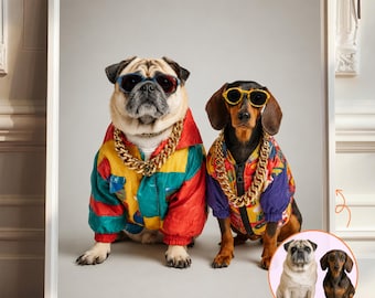 Retrato divertido personalizado de dos perros a partir de una foto, cuadro personalizado de mascotas para la pared