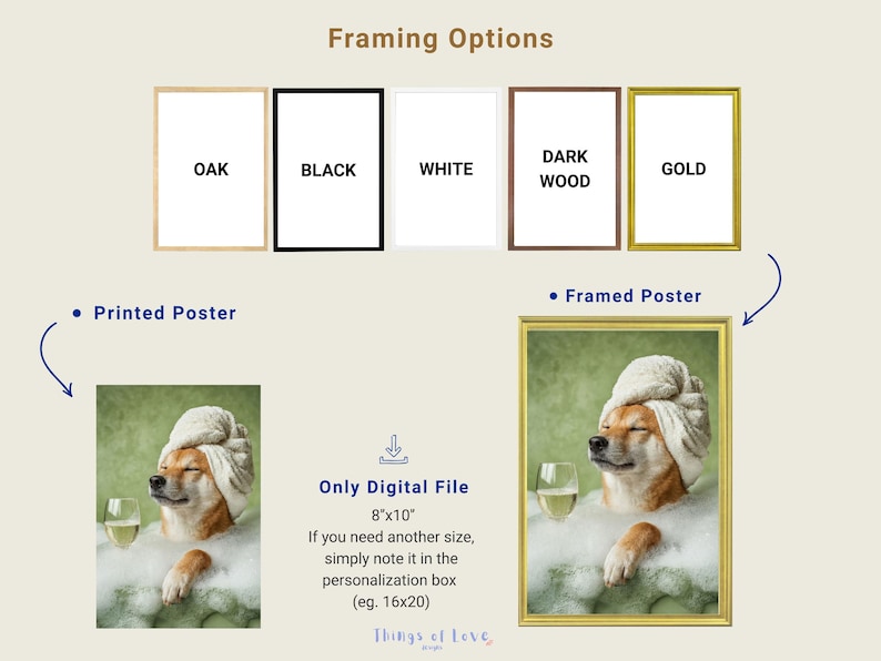 May include: Digital art print featuring a Shiba Inu dog in a bubble bath, wearing a towel on its head and holding a wine glass. Framing options include oak, black, white, dark wood, and gold frames. The digital file is 8x10 inches.