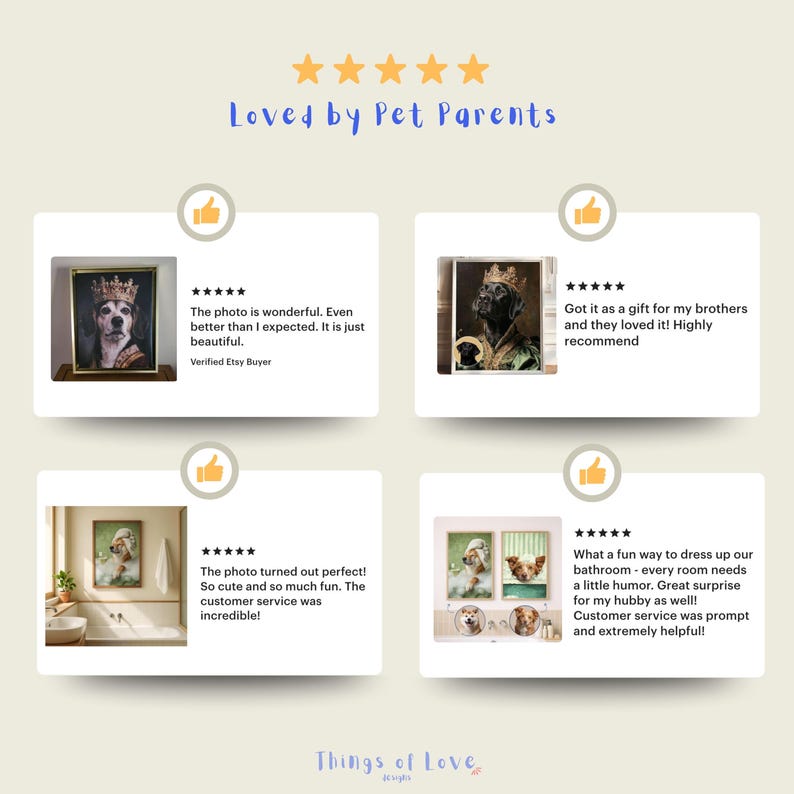 Puede incluir: Una pantalla gr&aacute;fica titulada Loved by Pet Parents que muestra cuatro rese&ntilde;as de clientes con cinco estrellas. Cada rese&ntilde;a incluye un retrato enmarcado de un perro vestido con atuendo real o una toalla, acompa&ntilde;ado de testimonios de texto.