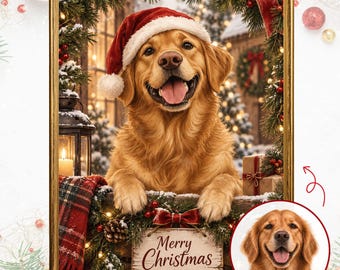 Puede incluir: Una impresión artística enmarcada que muestra a un golden retriever con un gorro de Papá Noel rojo y blanco, rodeado de vegetación navideña, un farol y un letrero que dice Merry Christmas, con un recuadro circular que muestra al perro.