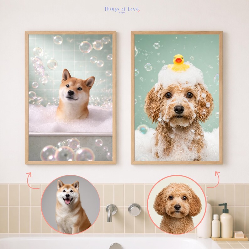 Retrato divertido de perro personalizado a partir de una foto, decoración para el baño de mascotas, arte de pared para perros y gatos. imagen 2
