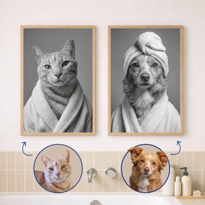 May include: Two framed black and white portraits of a cat and a dog, each wearing a spa robe and towel. The cat is gray and the dog is brown and white. The frames are light wood.