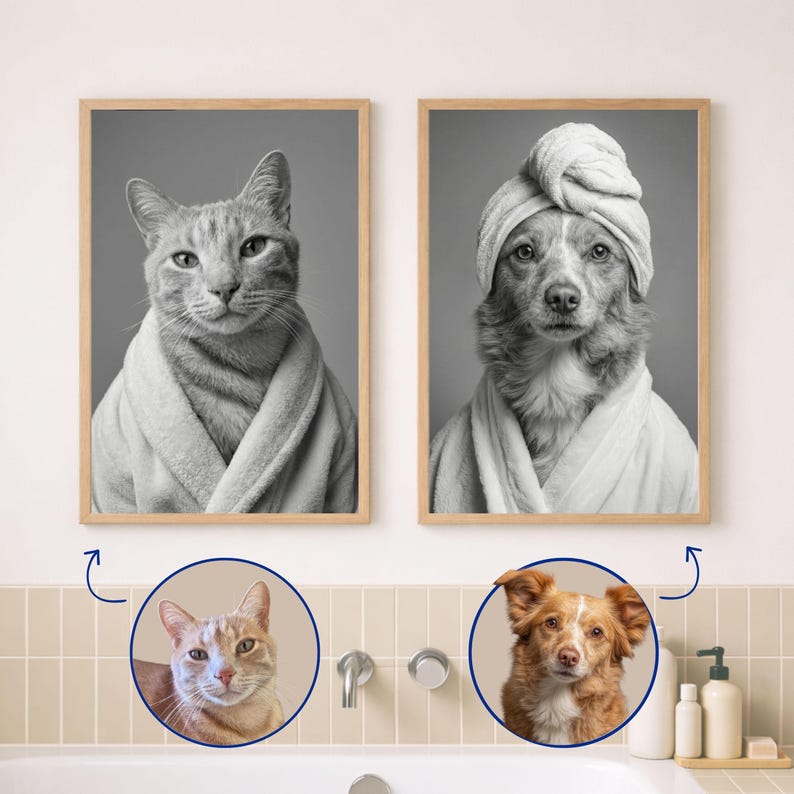 May include: Two framed black and white portraits of a cat and a dog, each wearing a spa robe and towel. The cat is gray and the dog is brown and white. The frames are light wood.