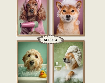 Juego de 4 láminas decorativas personalizadas para el baño con motivos de perros, divertida decoración de pared para mascotas (descarga digital).