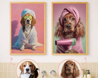 Spa Day Pet Portrait from Photo, Funny Dog Bathroom Wall Art