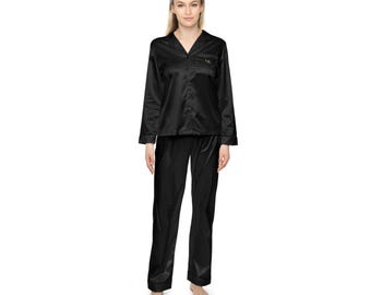 Solid Black Satin Pajamas | Women's Two-Piece Lounge Set