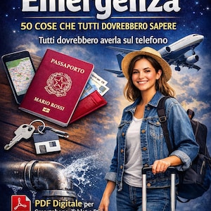 May include: Image promoting a digital PDF guide titled "Emergency Rules" with Italian text. The image features a passport, smartphone, keys, and a woman with a suitcase, suggesting travel and preparedness. The guide is available for smartphones, tablets, and PCs.