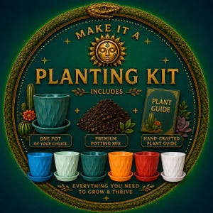 May include: A planting kit featuring a circular dark green frame with a sun emblem. It includes a textured plant pot, a pile of dark potting soil, and a green plant guide. Below are six textured pots in blue, light green, teal, orange, red, and white.