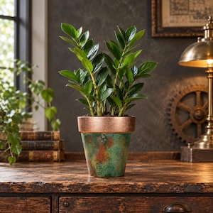 May include: A ZZ plant with glossy, dark green, pinnate leaves growing in a tapered pot. The pot features a metallic copper-colored rim and a weathered, textured body with mottled shades of teal, green, and rust-orange patina finish.