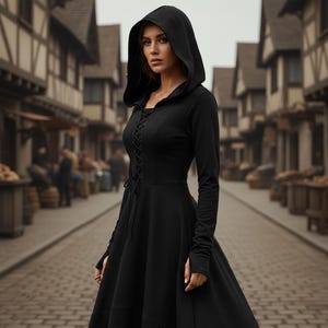 Black Hooded Gothic Witch Dress | Medieval Renaissance Gown Lace Up Cosplay Halloween Costume