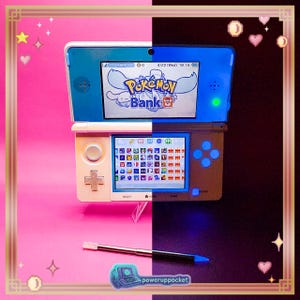 May include: A split image of a Nintendo 3DS handheld game console. The left side is white and teal, the right side is gray and blue. The top screen displays "Pokemon Bank". A stylus and a "poweruppocket" sticker are also visible.