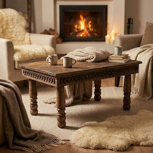 Könnte beinhalten: Ein rechteckiger Couchtisch aus Holz mit geschnitzten Details und gedrechselten Beinen. Auf dem Tisch stehen zwei Tassen und eine Strickdecke. Die Szene umfasst zwei Sessel, einen Kamin mit Feuer und einen Schaffellteppich. Der Tisch ist ca. 120 cm lang.