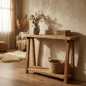 May include: A rectangular wooden console table with a rough, textured finish, featuring four angled legs and a lower shelf. A ceramic vase with dried flowers and a stack of two vintage books sit on top, while a woven basket rests on the shelf.