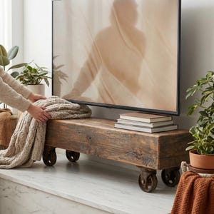 Rustic Solid Wood Look TV Stand, Low Profile Beam Console Table, Industrial Floating Timber Media Center, Modern Farmhouse Hollow Log Table