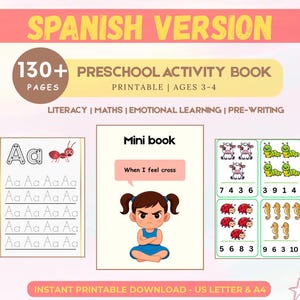 Pacchetto di materiali didattici prescolastici in spagnolo | Schede stampabili per bambini di 3-4 anni | Scrittura, matematica e apprendimento emotivo | Scuola materna e istruzione domiciliare