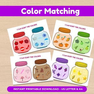 Puede incluir: Imprimible educativo de emparejamiento de colores con seis tarjetas con botes y objetos coloridos. Cada bote es de un color diferente y contiene objetos del mismo color. El texto en las tarjetas dice "I CAN SORT THE COLORS". El texto "Color Matching" está en la parte superior.