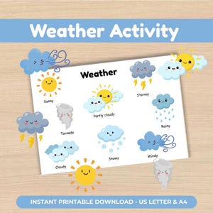 Puede incluir: Una hoja de actividades meteorológicas imprimible con ilustraciones de diferentes condiciones climáticas, incluyendo soleado, nublado, lluvioso y con nieve. El título "Weather Activity" se muestra en la parte superior. La parte inferior de la hoja dice "INSTANT PRINTABLE DOWNLOAD - US LETTER & A4".