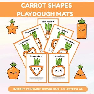 Puede incluir: Mats de plastilina naranja con formas de zanahoria, incluyendo una estrella, un rectángulo y un triángulo. Cada mat tiene un contorno de zanahoria y el texto "I can make a". El título "CARROT SHAPES PLAYDOUGH MATS" está en la parte superior.