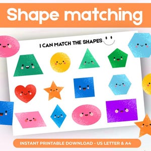 Può includere: Un gioco di abbinamento di forme stampabile con forme geometriche colorate e sorridenti. Il testo "Shape matching" è in alto e "I CAN MATCH THE SHAPES" è sul tabellone di gioco. Il testo in basso recita "INSTANT PRINTABLE DOWNLOAD - US LETTER & A4".