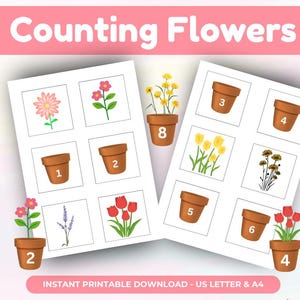 以下が含まれることがあります： 花の数を数えるための教育用印刷物。「Counting Flowers」のタイトルが、1から8までの番号が振られた鉢植えの花のイラストが描かれた2枚のシートの上にあります。下部のテキストは「INSTANT PRINTABLE DOWNLOAD - US LETTER & A4」と書かれています。