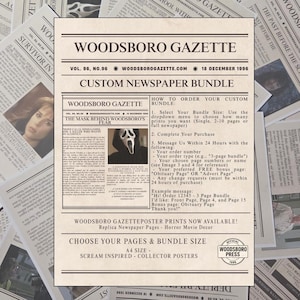 Puede incluir: Un paquete de periódicos personalizados con el titular "Woodboro Gazette" y la fecha "18 de diciembre de 1996". El artículo principal trata sobre "La máscara detrás del miedo de Woodboro" con una foto de una máscara de Scream.