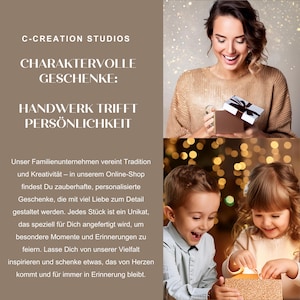 May include: A promotional graphic for C-CREATION STUDIOS featuring the text CHARAKTERVOLLE GESCHENKE: HANDWERK TRIFFT PERS&Ouml;NLICHKEIT. The image displays a smiling adult opening a gift box and two children interacting with a gold gift box.