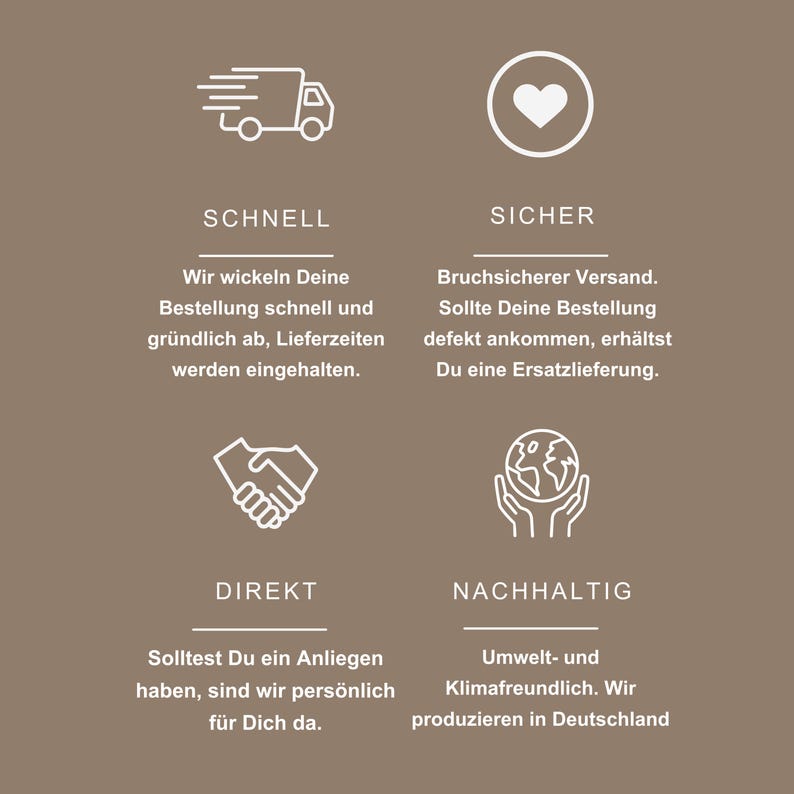 May include: A brown informational graphic featuring four white icons and German text. The icons include a delivery truck, a heart, a handshake, and a globe held by hands. The text labels are SCHNELL, SICHER, DIREKT, and NACHHALTIG, with descriptive sentences below each heading explaining service policies.