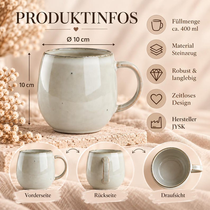 May include: A light gray stoneware mug with a 400 ml capacity, 10 cm height, and 10 cm diameter. The mug features a rounded shape, a side handle, and a speckled finish. Text includes PRODUKTINFOS, F&uuml;llmenge ca. 400 ml, Material Steinzeug, and JYSK.