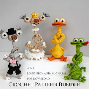 Paquete de patrones de crochet de animales de cuello largo: 4 divertidos dijes de amigurumi (pareja de perezosos, rana, pato) PDF