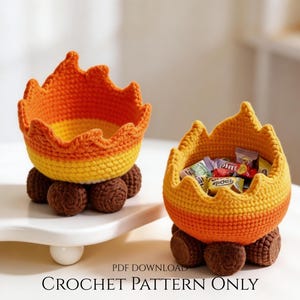 Campfire Bowl Crochet Pattern PDF – 3D Flame Storage, Amigurumi Basket, Home Decor, Woodland Nursery