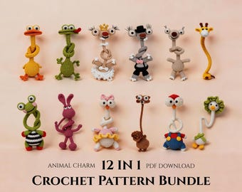 Häkelanleitungsset für Tiere mit langem Hals, 12-in-1 Amigurumi-PDF, Tier-Schlüsselanhänger & Taschenanhänger-Kollektion