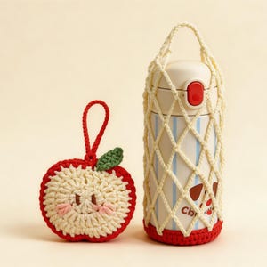 Crochet drink carrier in use, foldable fruit charm opens into mesh bottle holder, reusable water bottle bag, eco friendly crochet cup holder