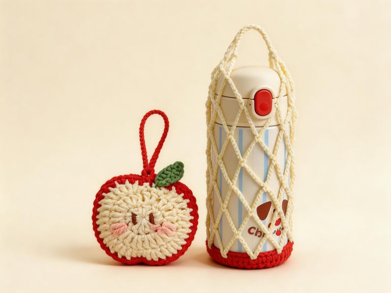 Crochet drink carrier in use, foldable fruit charm opens into mesh bottle holder, reusable water bottle bag, eco friendly crochet cup holder