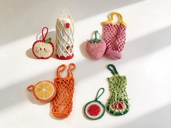 Fruit Drink Carrier Crochet Pattern Bundle –  Water Bottle Holder, Bag Charm, Mesh Bag, Gift