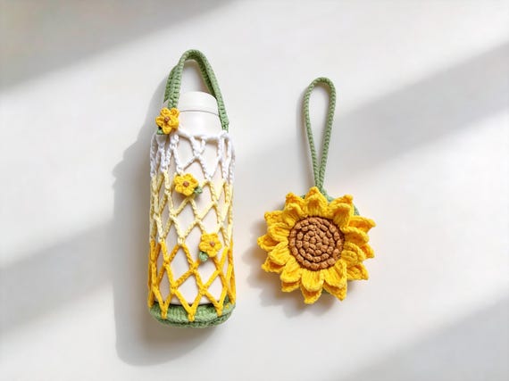 Sunflower Drink Carrier Crochet Pattern, Foldable Mesh Bag, Water Bottle Holder, Cup Sleeve, Bag Charm
