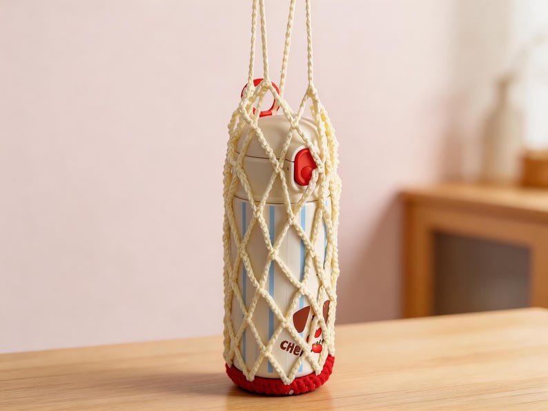 Crochet mesh bottle holder detail, handmade drink carrier bag, reusable cup sling, eco friendly crochet pattern