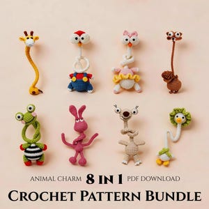 May include: Eight crocheted animal charms featuring a giraffe, a bird in overalls, a cat in a skirt, a squirrel, a frog, a pink creature, a sloth, and a duck. Text reads: ANIMAL CHARM 8 IN 1 PDF DOWNLOAD CROCHET PATTERN BUNDLE.