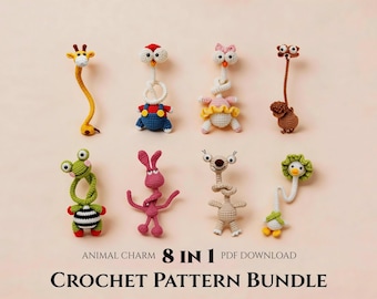 Häkelanleitungspaket für Tiere mit langem Hals, 8-in-1 Amigurumi-PDF-Kollektion, Schlüsselanhänger & Taschenanhänger