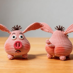 Op de afbeelding: Twee handgemaakte gehaakte varkensbeeldjes. De varkens zijn roze met grote oren, kleine pootjes en expressieve gezichten. Eén varken kijkt naar voren met een verbaasde uitdrukking, terwijl de andere wegkijkt. De varkens hebben bruine haartuilen.