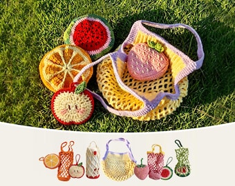 Häkelanleitungsset für Tragetasche und Getränkehalter (PDF), Markttasche, Erdbeere, Wassermelone, Orange, Apfel, 5-in-1