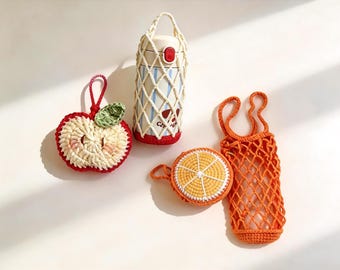 Apfel Orange Getränke Tragekorb Häkelanleitung Bundle | Flaschenhalter, Netztasche, Taschenanhänger
