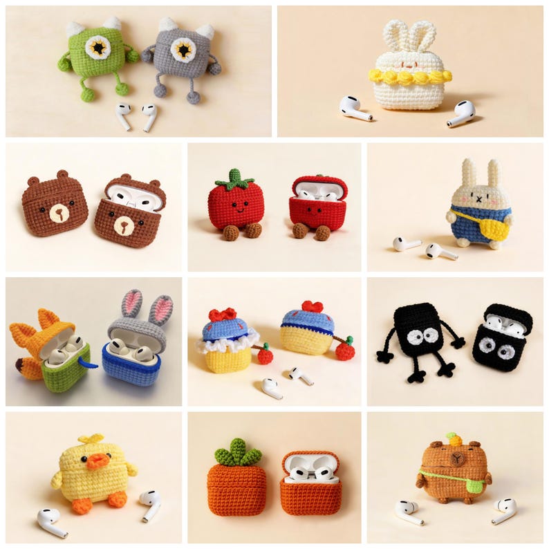 A selection of brightly coloured, crocheted AirPod cases in animal and food designs. The cases include a green monster, a grey monster, a white bunny, a brown bear, a red tomato, a blue and yellow cupcake, a black creature, a yellow duck, a carrot, and a brown bear.