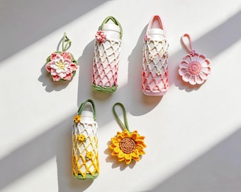 Häkelanleitung für einen Getränketräger mit Blumenmuster, faltbarer Netzbeutel, Wasserflaschenhalter, Getränkehalter
