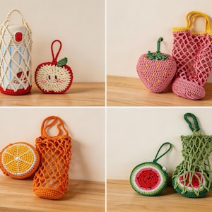 Crochet fruit drink carrier pattern bundle, strawberry apple orange watermelon designs, foldable fruit charm turns into mesh bottle holder, reusable cup cozy bag